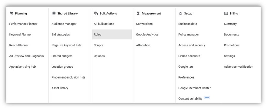 google ads automated rules - navigation menu in google ads