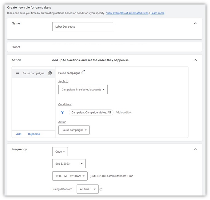 google ads automated rules - pause campaigns