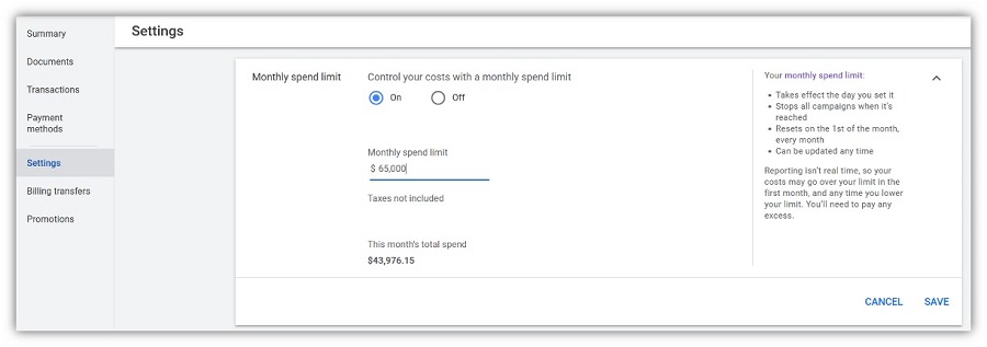 google ads automated rules - monthly spend limit screenshot