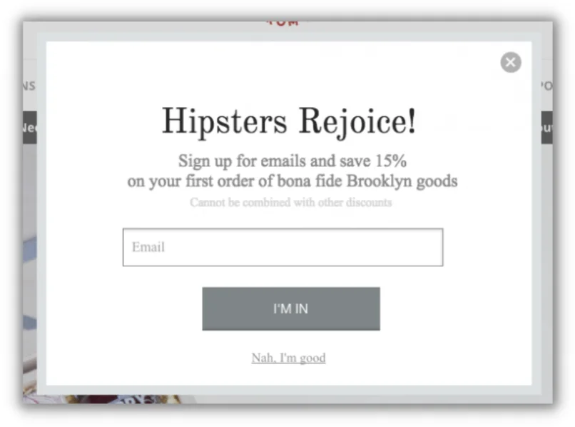 how to build an email list - new subscriber discount pop up example 