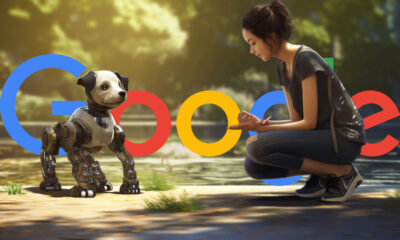 Woman Watching Robot Dog Google Logo