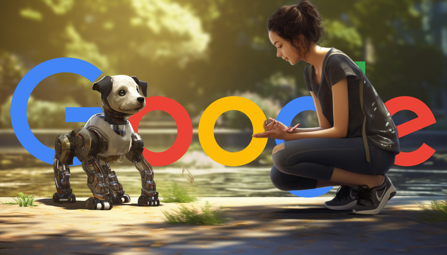 Woman Watching Robot Dog Google Logo