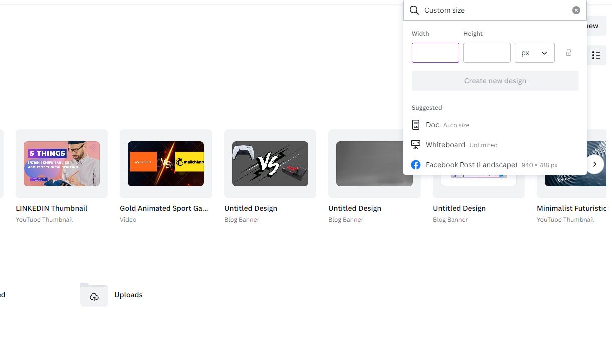 Screenshot Showing Custom Size menu in Canva