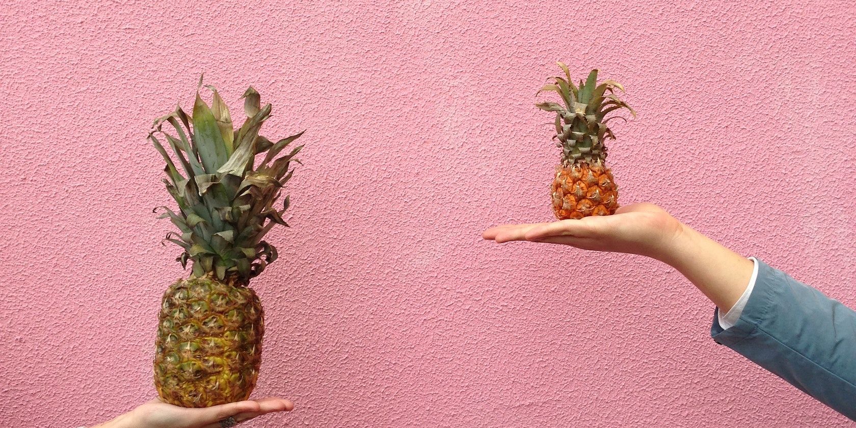 Two people holding a pineapple in their palm 