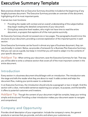 Executive summary template from HubSpot