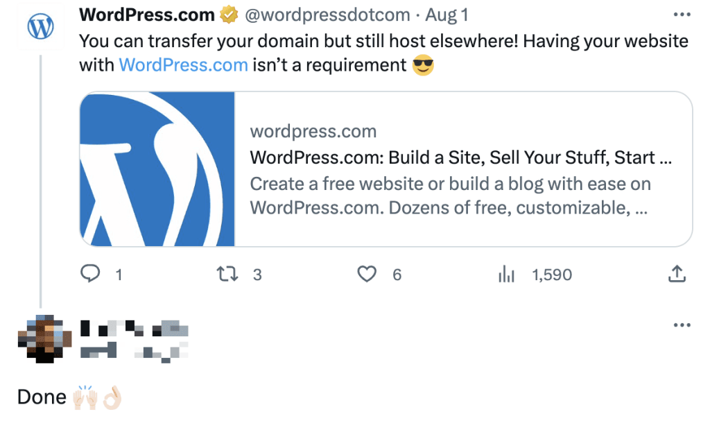 Screenshot of a customer's tweet simply saying "Done!" in response to our offer of free transfers for Google Domains customers. 