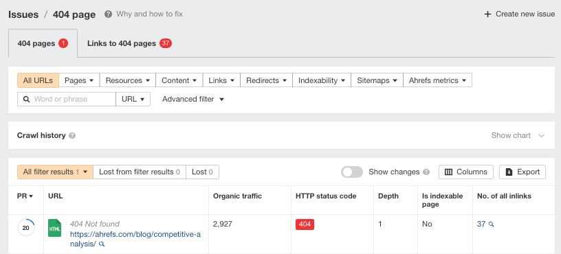 404 page example, via Ahrefs' Site Audit
