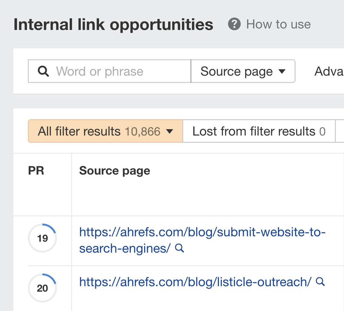 Internal link opportunities, via Ahrefs' Site Audit
