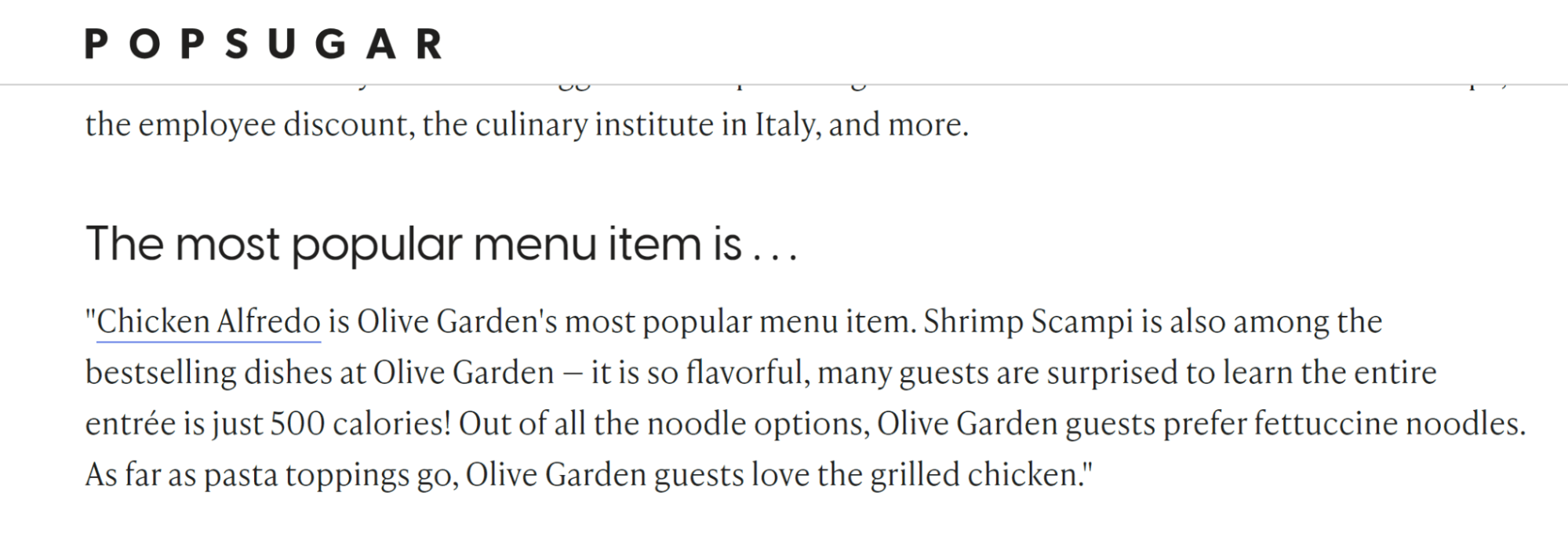 Screenshot of article discussing how chicken alfredo is Olive Garden's most popular entree