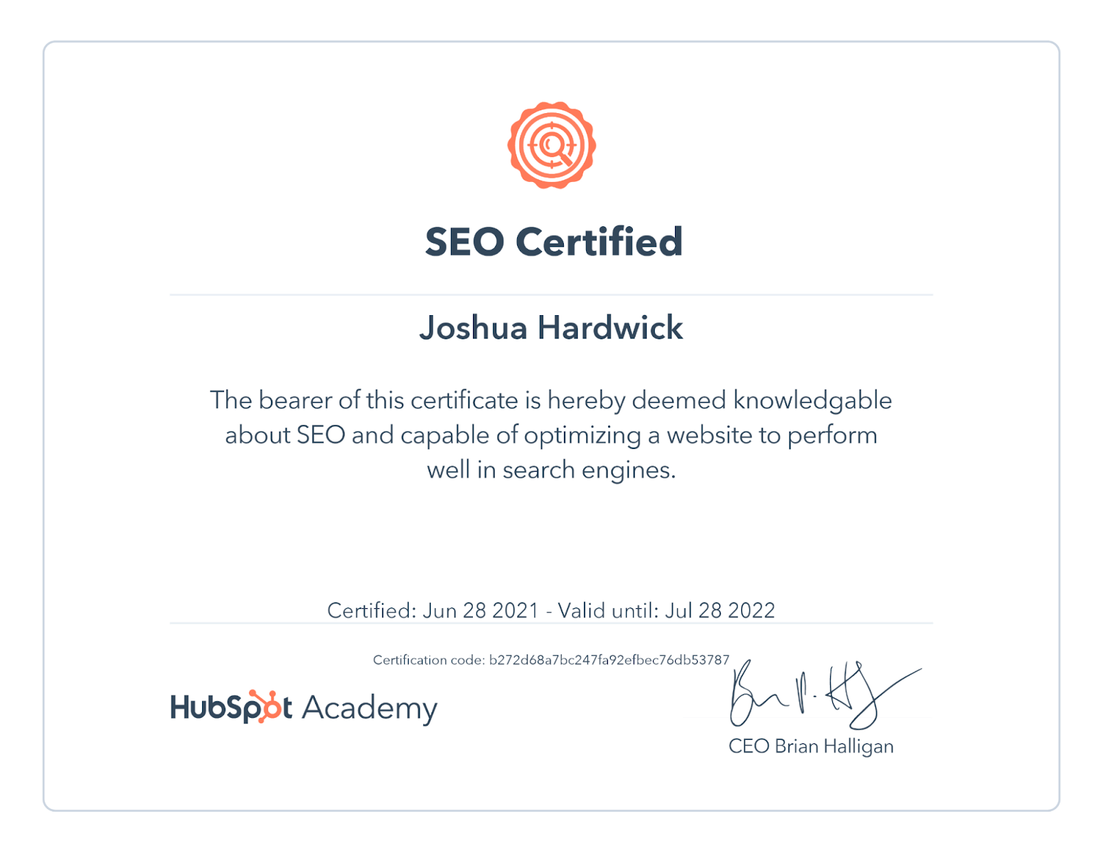 SEO certification from HubSpot
