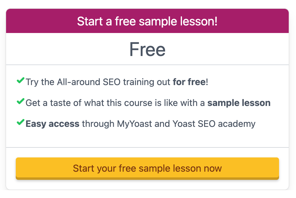 Start a free sample lesson on Yoast
