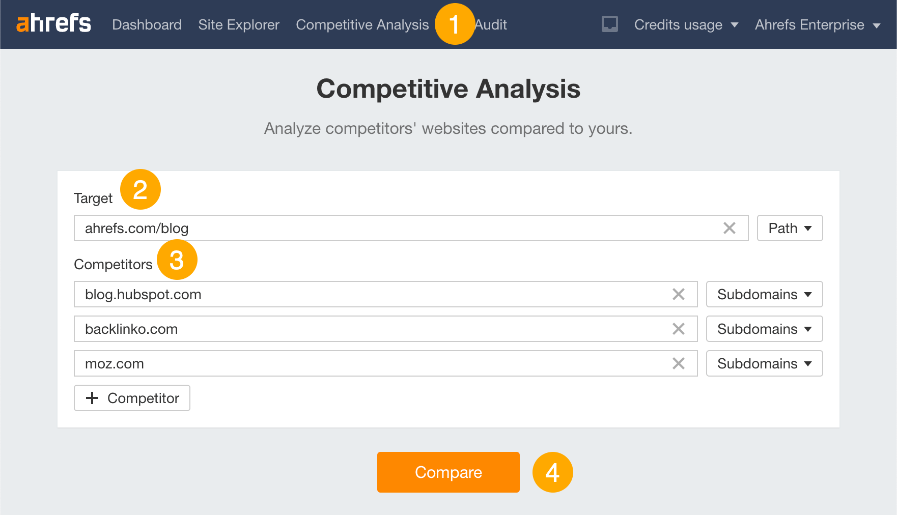 Doing a competitive analysis in Ahrefs' Competitive Analysis tool