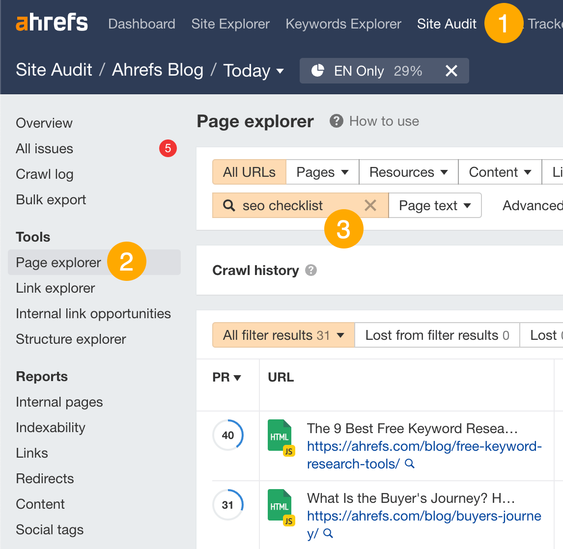 Finding internal link opportunities in Ahrefs' Site Audit