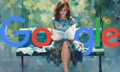 Woman Park Bench Reading Paper Google Logo