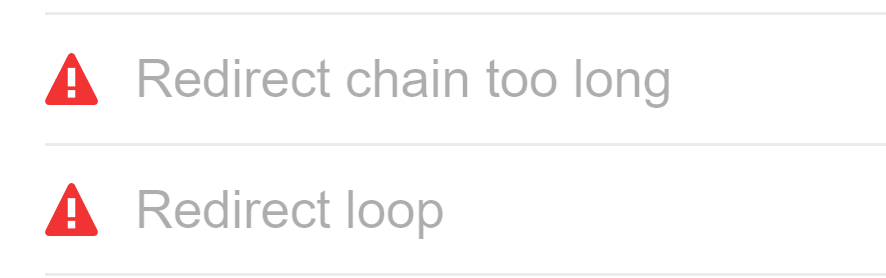 Redirect chain too long and redirect loop issues, via Ahrefs' Site Audit