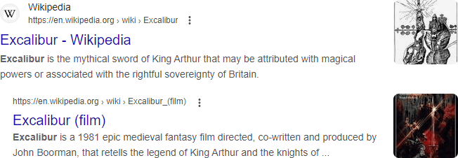 Screenshot of the Wikipedia ranking search results for the keyword 'Excalibur'