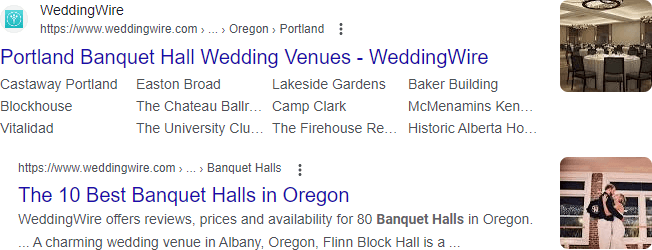 Screenshot showing the ranking search results for the keyword 'banquet halls'.
