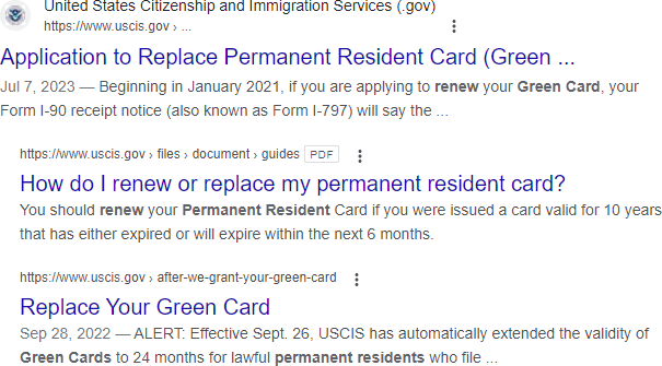 Screenshot showing the ranking search results for the keyword 'green card renewal'