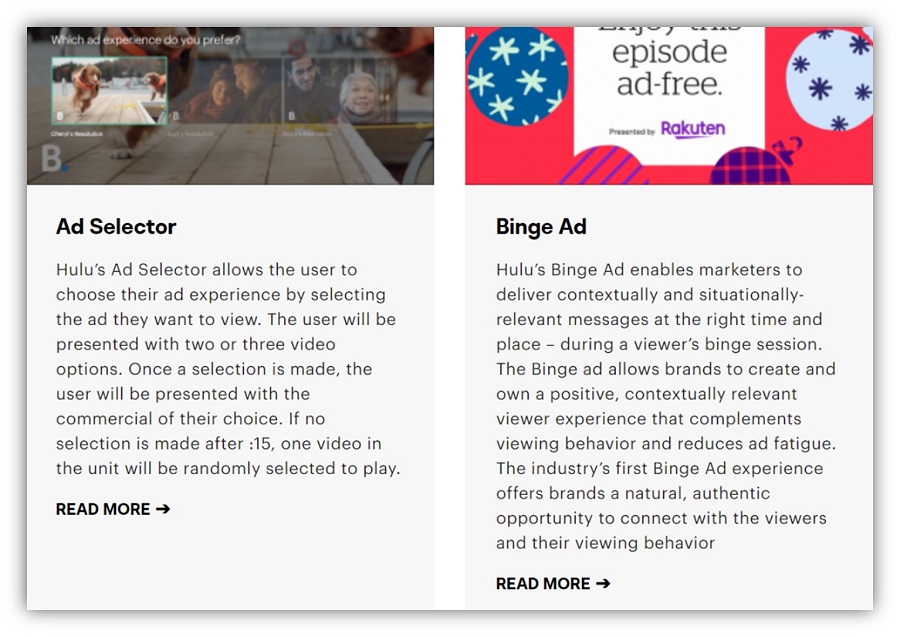 hulu advertising - ad selector and binge ad examples