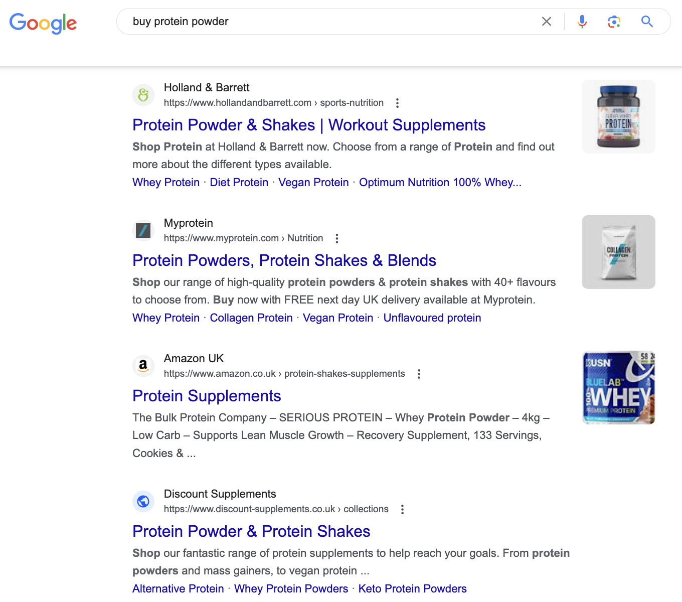 Google SERP for "buy protein powder"