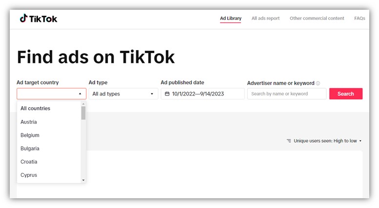 tiktok ads library - available country data example