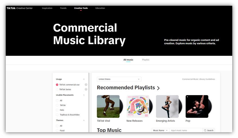 tiktok ads library - commercial music library screenshot