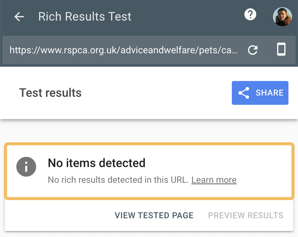 "No items detected" message, via Rich Results Test
