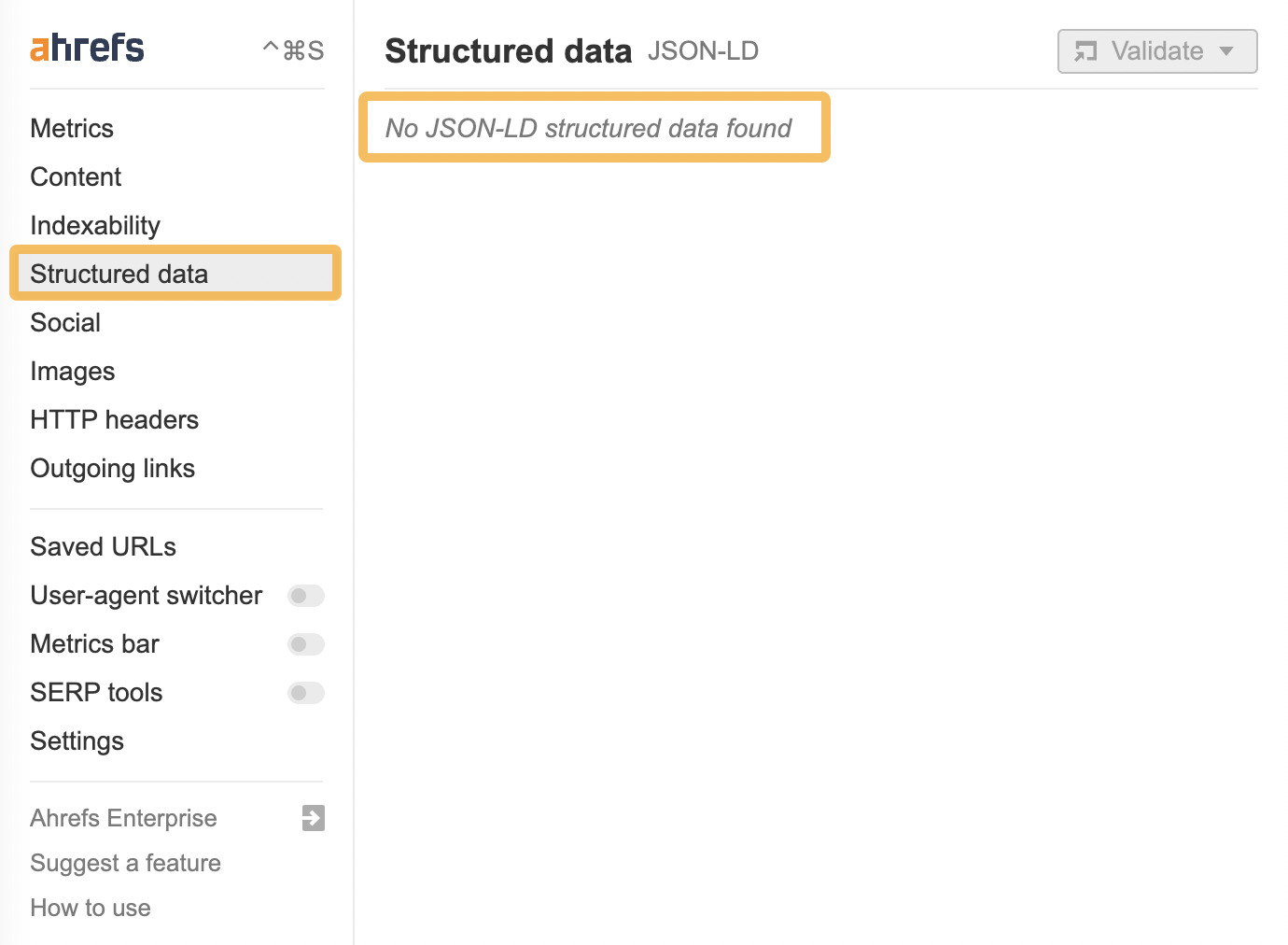 Checking for structured data using Ahrefs' SEO Toolbar
