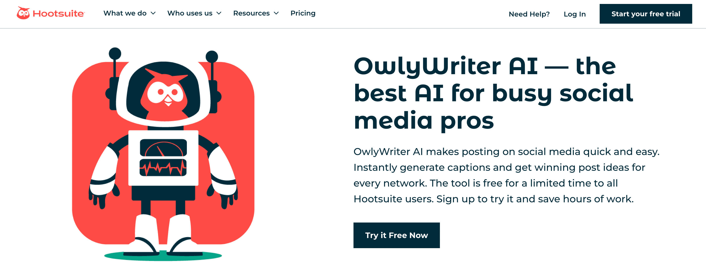 best AI tools for business - hootsuite owlywriter ai homepage screenshot 