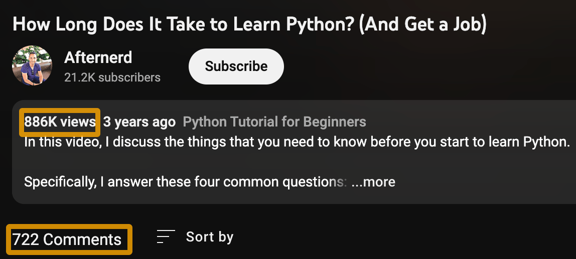 Engagement metrics on an Afternerd video about Python