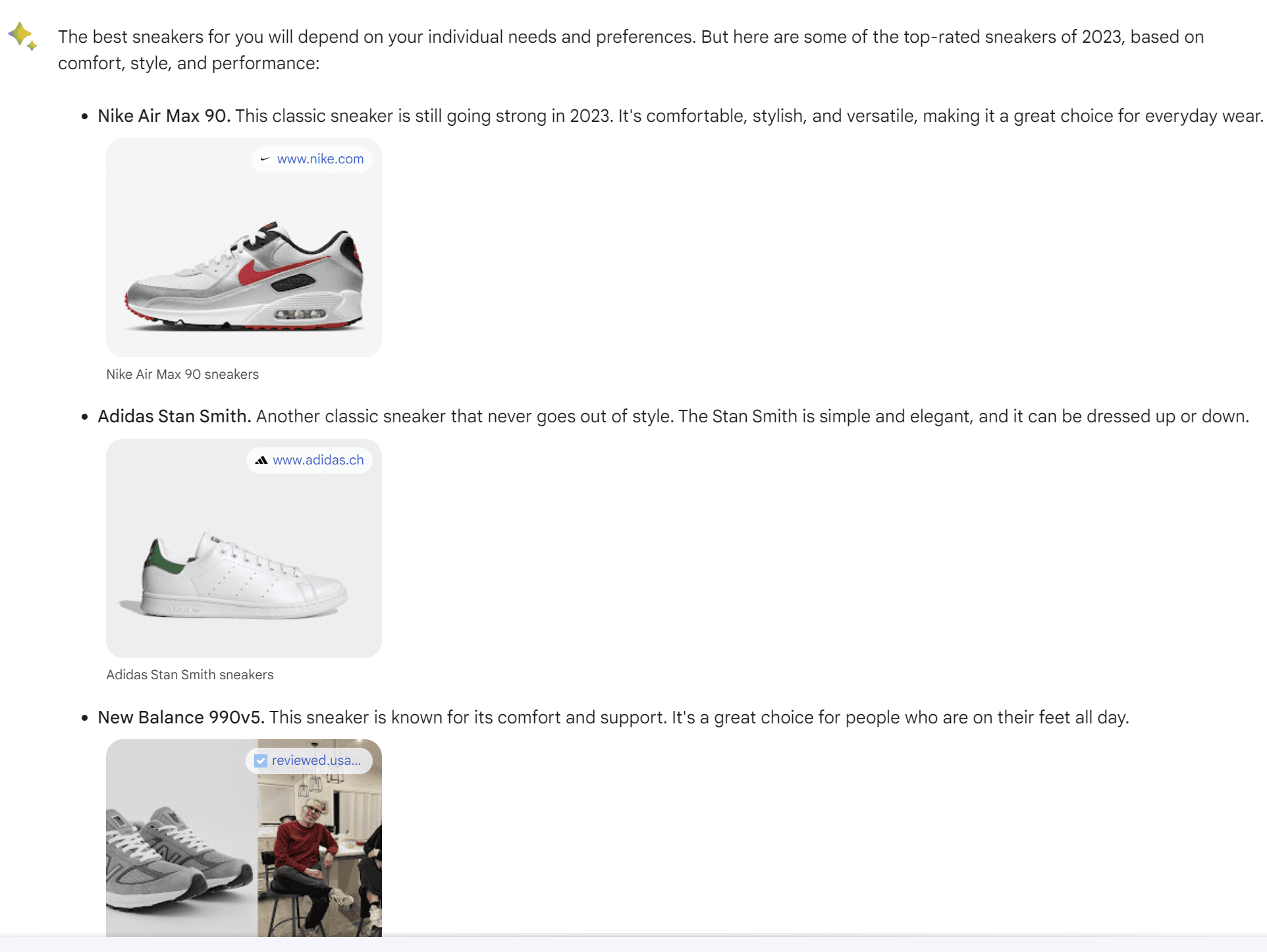 Chatbot answer for the query 'Best Sneakers'