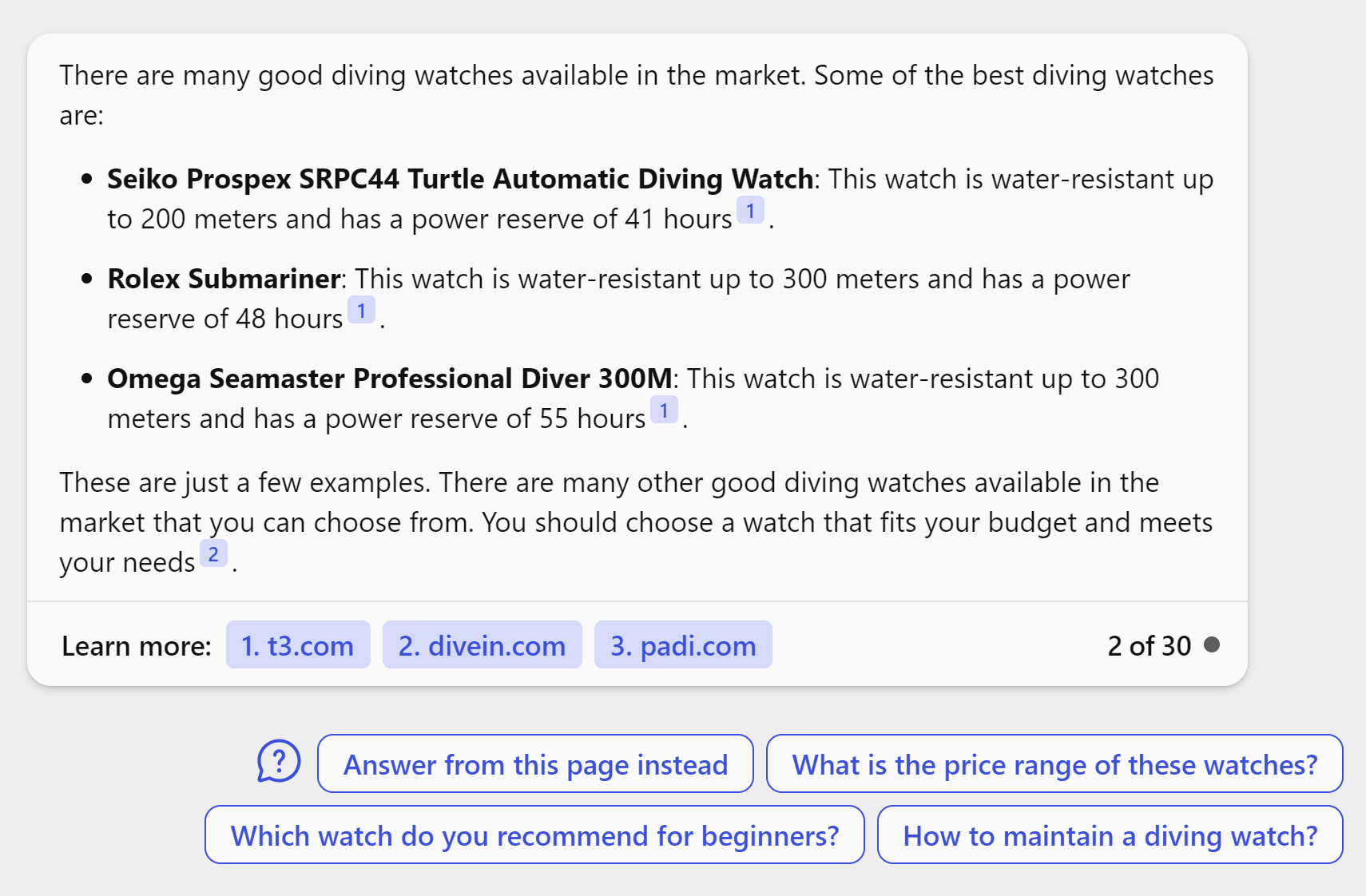 Bing chatbot suggesting luxury diving watches.