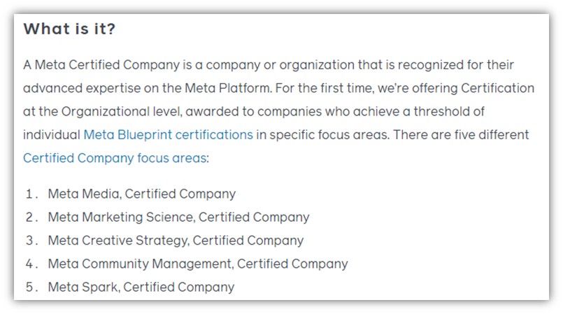 meta advertising announcement - certified company category list 