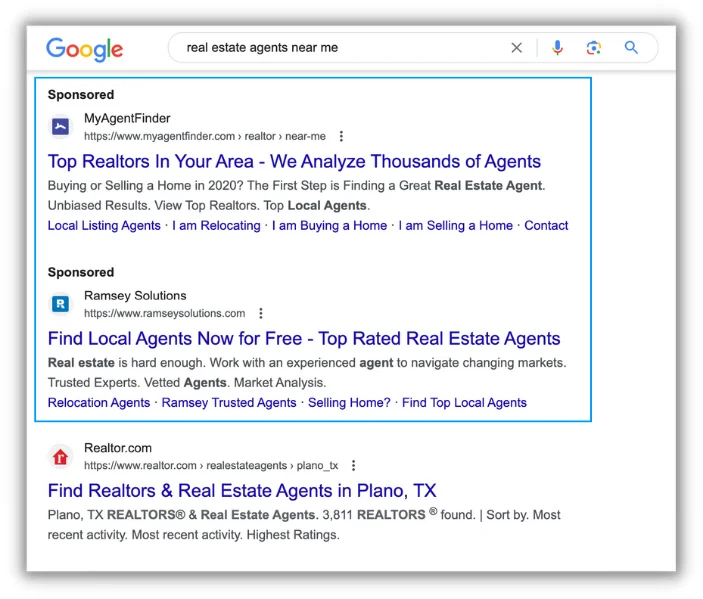 google ads for real estate ads example in serp