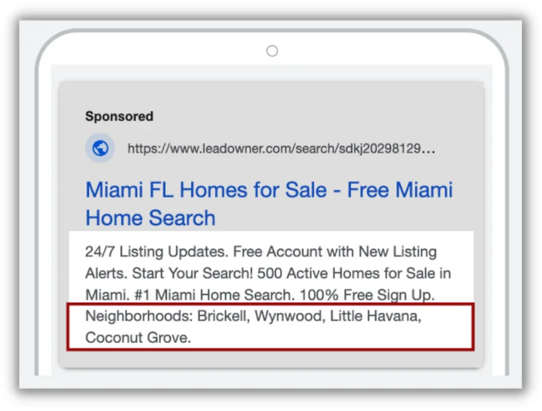 google ads for real estate structured snippet asset example