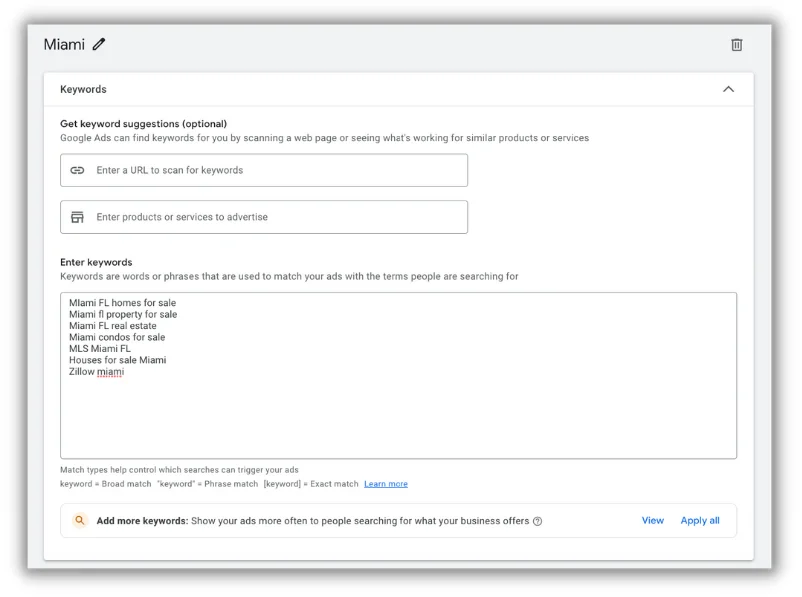 google ads for real estate - choose keywords for bidding