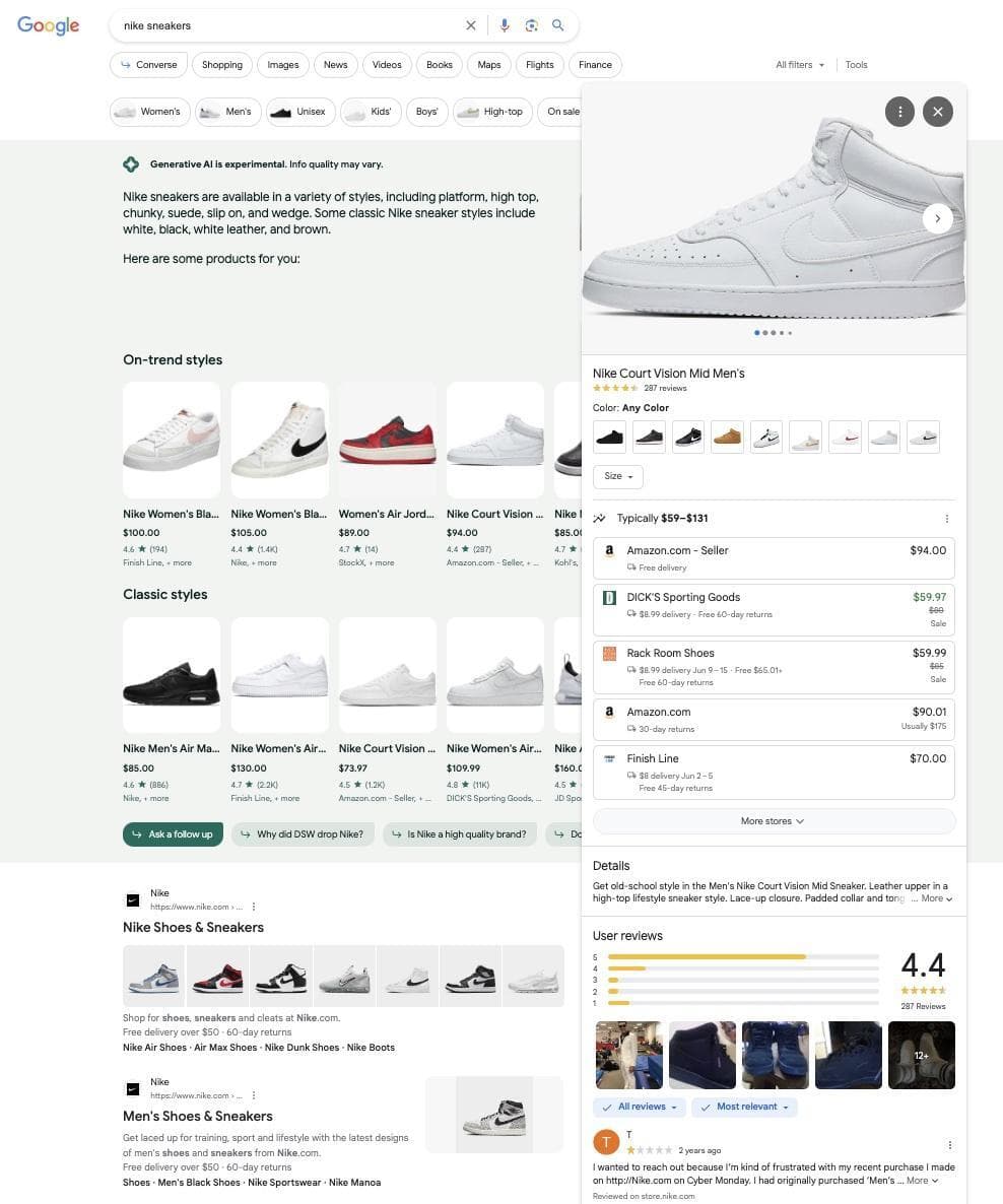 SERP results for the keyword 'nike sneakers'