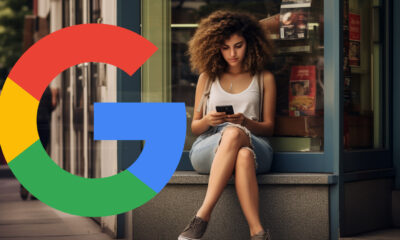 Woman Chatting Phone Retail Store Google Logo