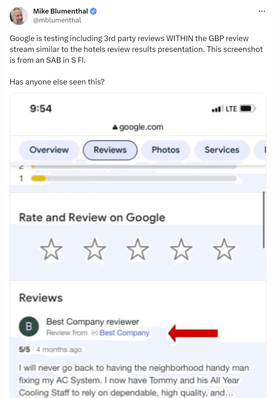 Google listing with third party reviews