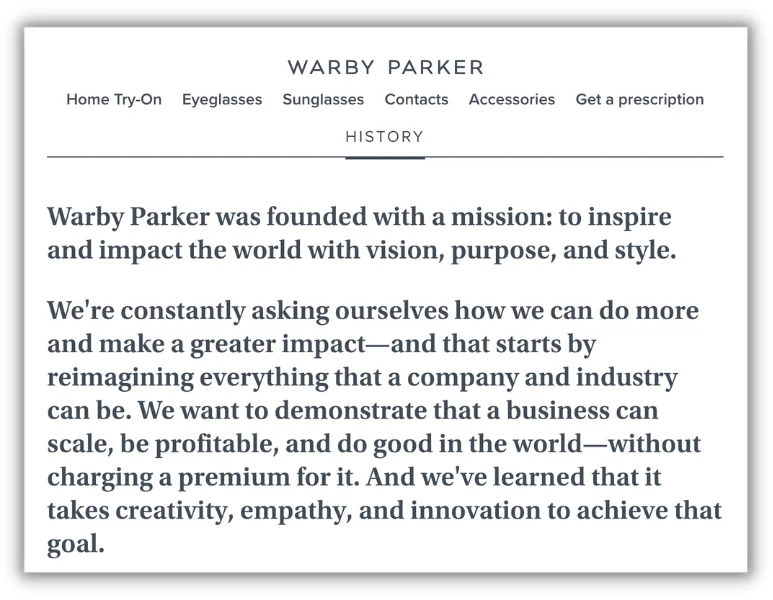 warby parker mission statement example from website