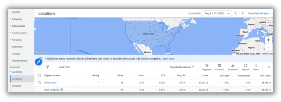 google ads location report for location targeting