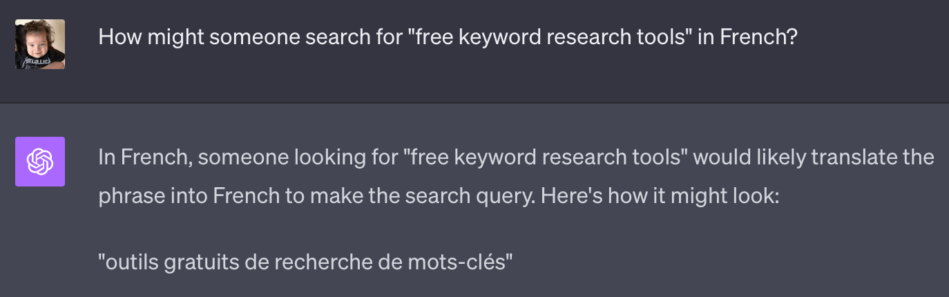 Asking ChatGTP to translate a keyword.