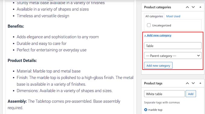 Add product categories and tags