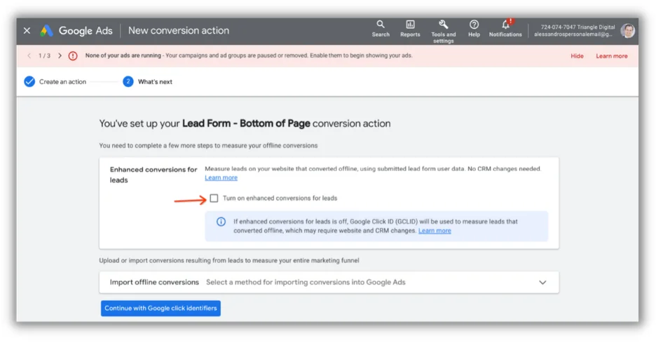 how to set up enhanced conversions for leads - turn on tracking