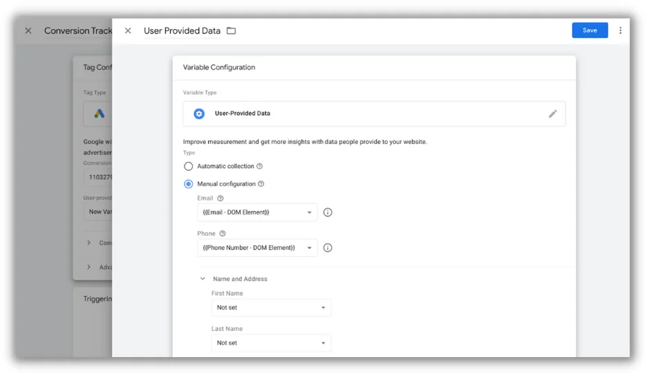 how to set up the User-Provided Data Variable in enhanced conversions for leads