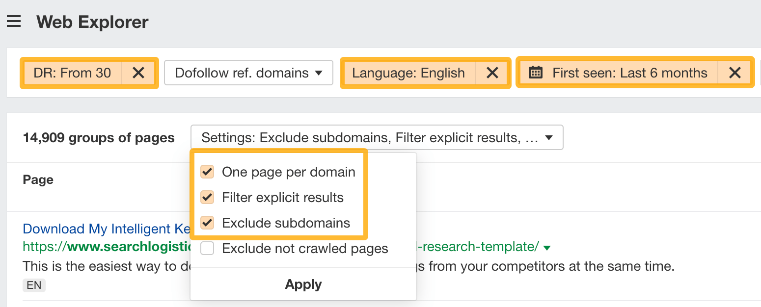 Filters to narrow down unlinked mention opportunities
