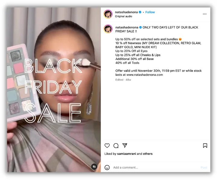 black friday messages for social media - example from makeup brand