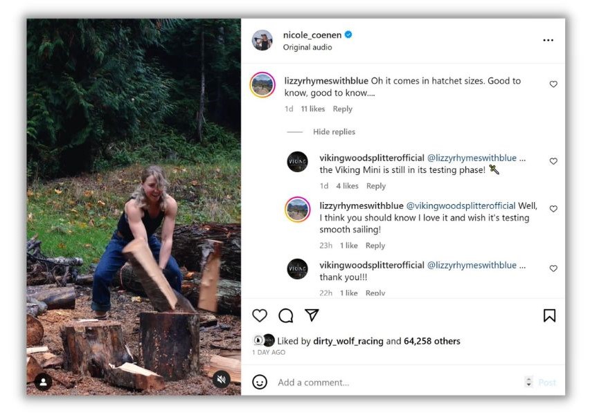 lead nurturing - instagram post showing a woman cutting wood with a sword.