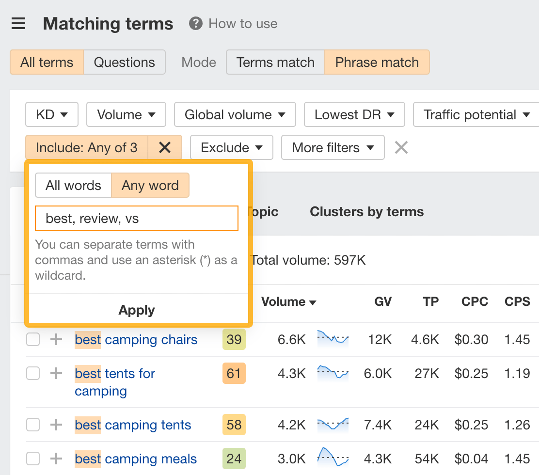 Finding commercial keywords using the Include filter in Keywords Explorer