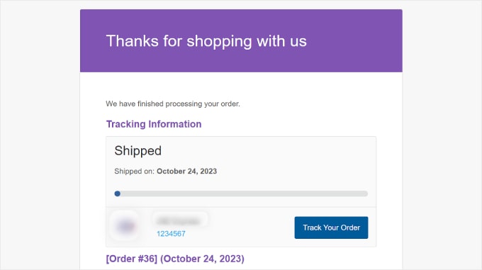 Order email notification example from Advanced Shipment Tracking plugin